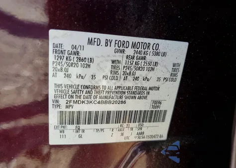 2011 Ford Edge Limited z USA, uszkodzony, nr VIN 2FMDK3KC4BBB20286